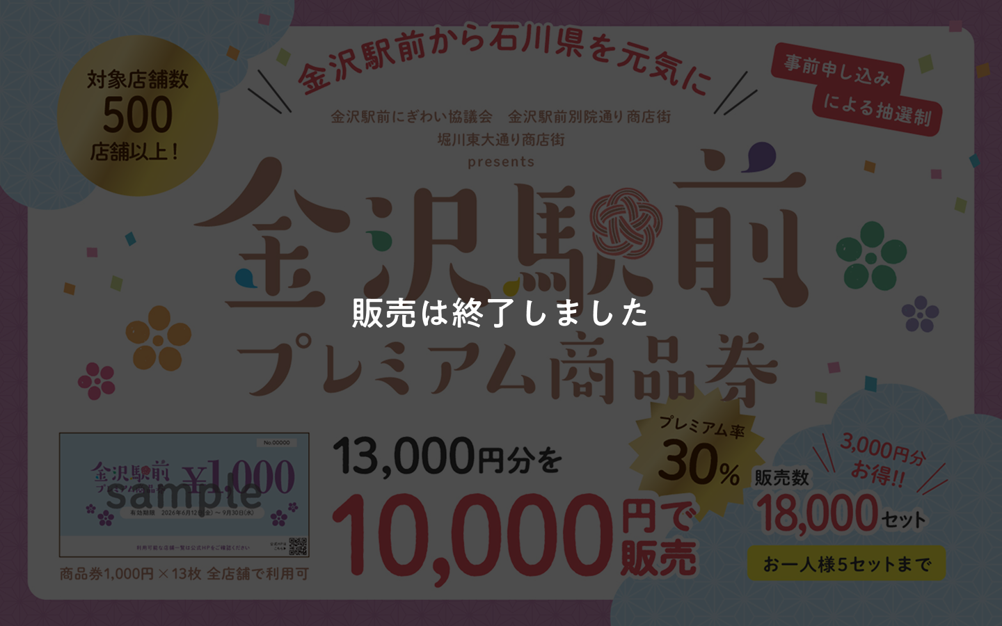 金沢駅前プレミアム商品券 13,000円分を10,000円で販売